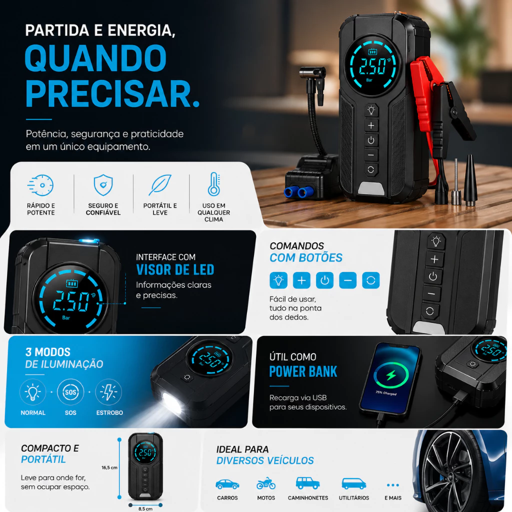 Recursos do auxiliar de partida: visor LED, power bank e lanterna