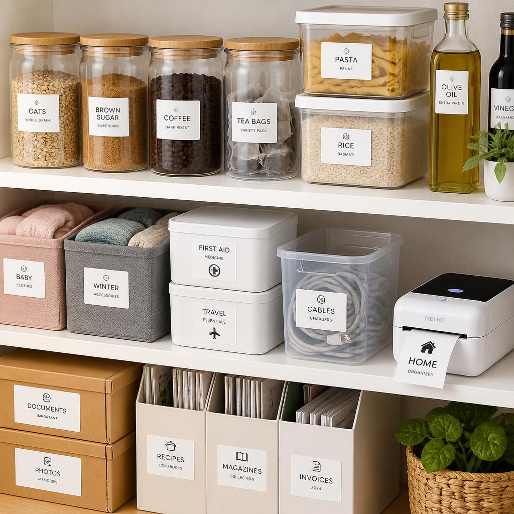 Organização com etiquetas em potes e caixas