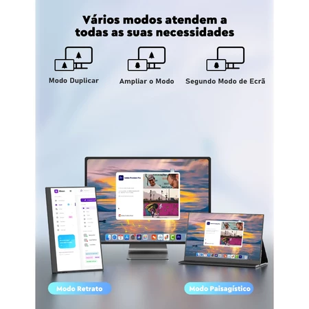 Modos duplicar, ampliar e segunda tela, em retrato ou paisagem