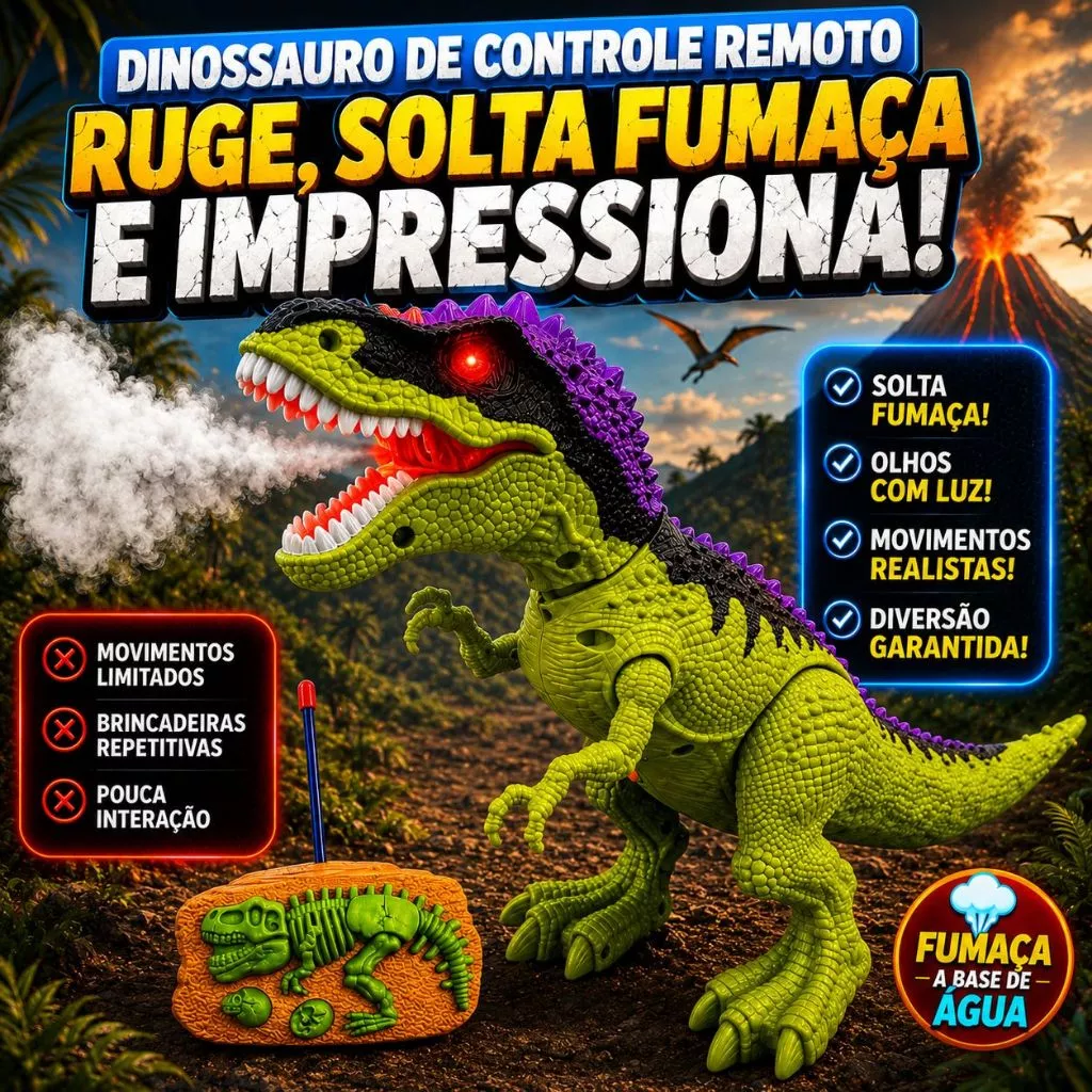 Dinossauro solta fumaça, olhos com luz e movimentos realistas