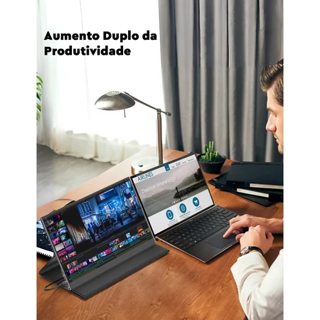 Monitor portátil ligado ao notebook aumentando a área de trabalho