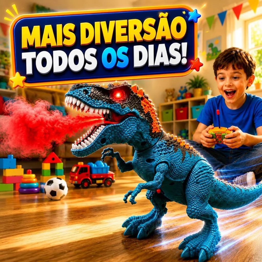 Criança brincando com o dinossauro no controle remoto