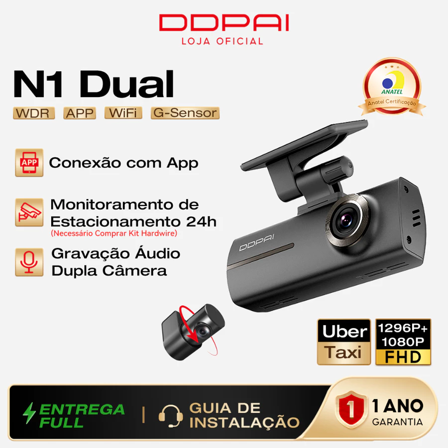 Câmera Veicular DDPAI N1 Dual 1296P + 1080P · Wi-Fi · Cartão 64GB