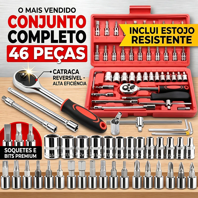 Kit 46 Peças Ferramentas + Catraca Reversível e Maleta
