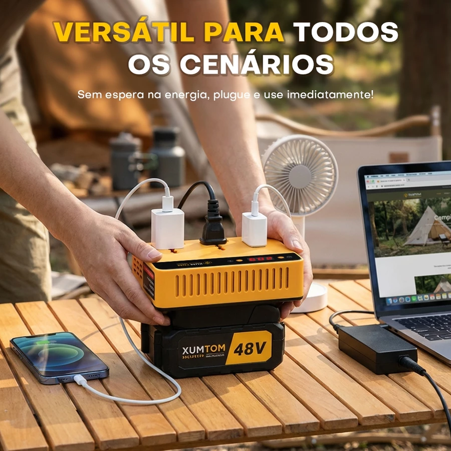 Inversor portátil sendo usado em camping carregando celular e notebook