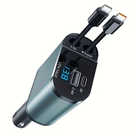 Carregador veicular com 2 cabos retráteis e portas USB e USB-C